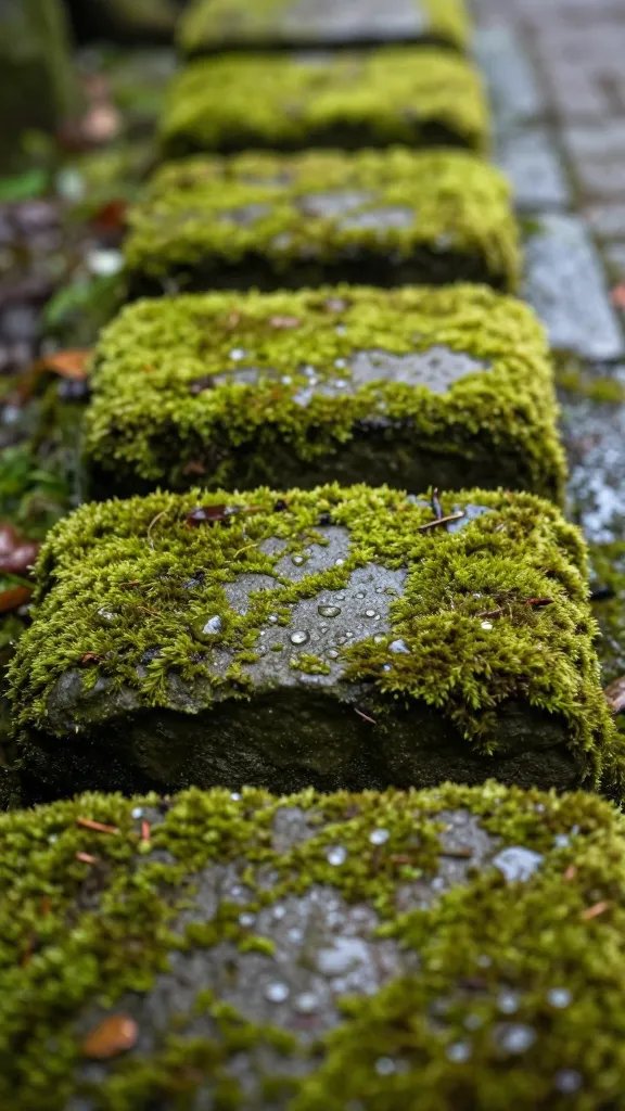 moss-covered stepping stone with dew droplets