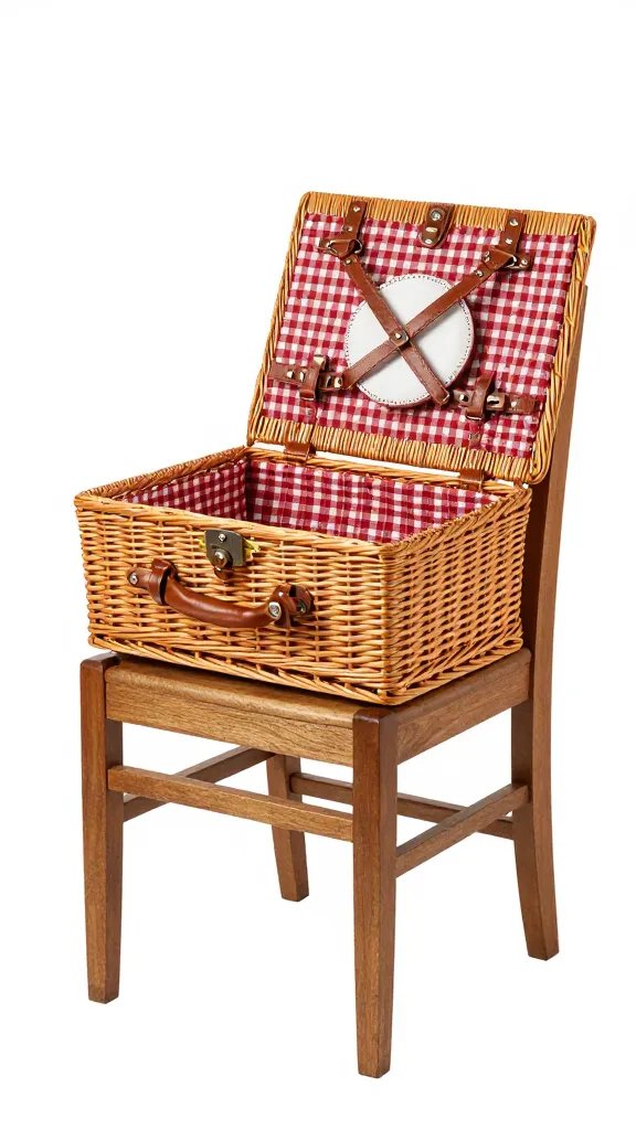 wicker picnic basket on wooden garden chair
