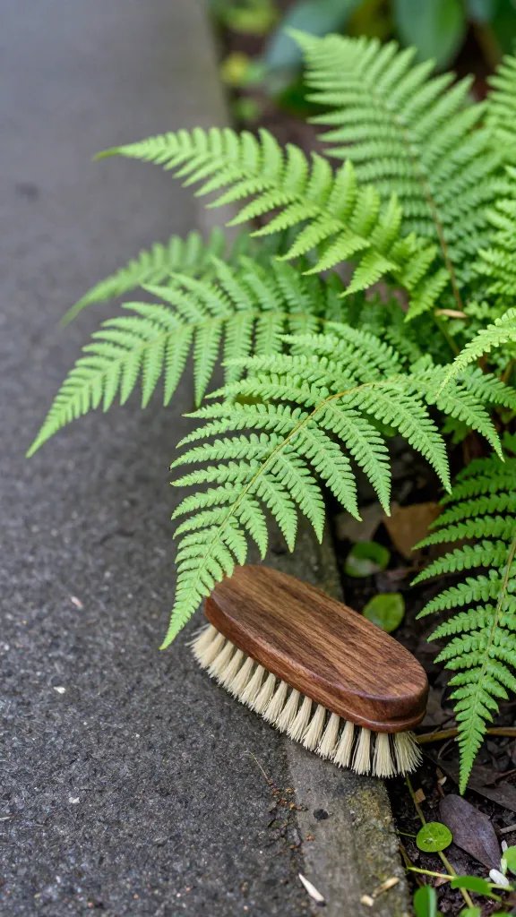 fern frond brushing a narrow garden path edge
