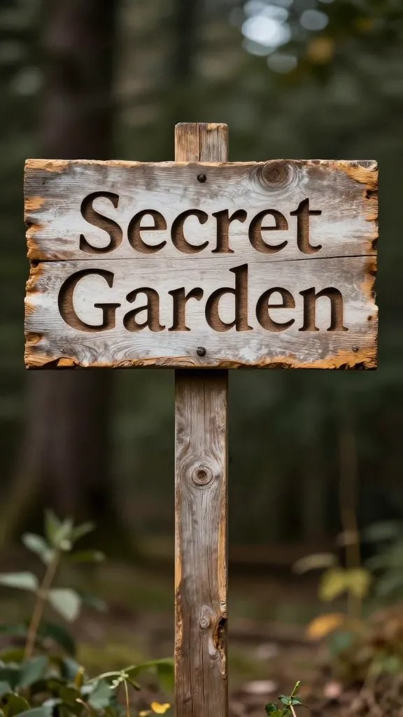 rustic wooden sign reading “Secret Garden” on stake