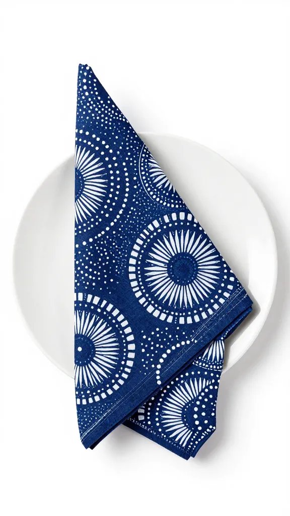 indigo Adire napkin folded on plain white plate