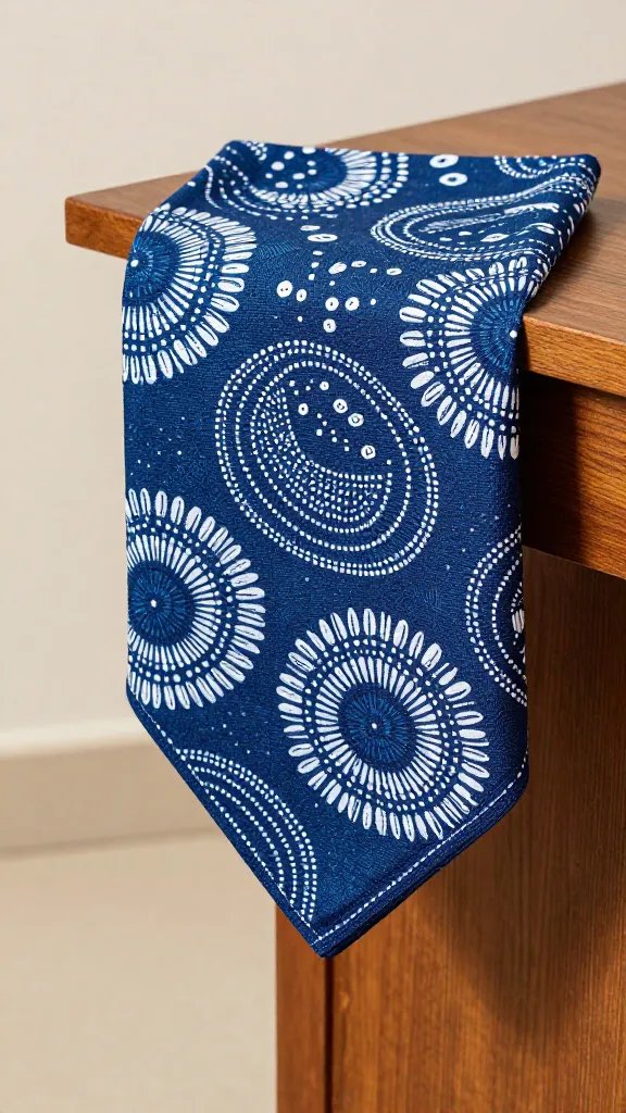 indigo Adire napkin draped over wooden table edge