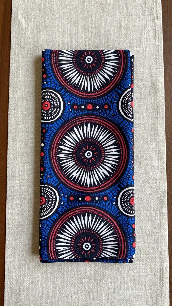 neatly pressed Adire napkin on neutral linen runner