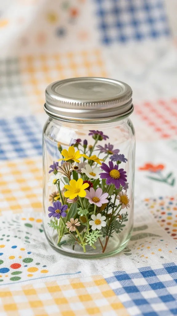 closeup jam jar with wildflowers on patchwork blanket