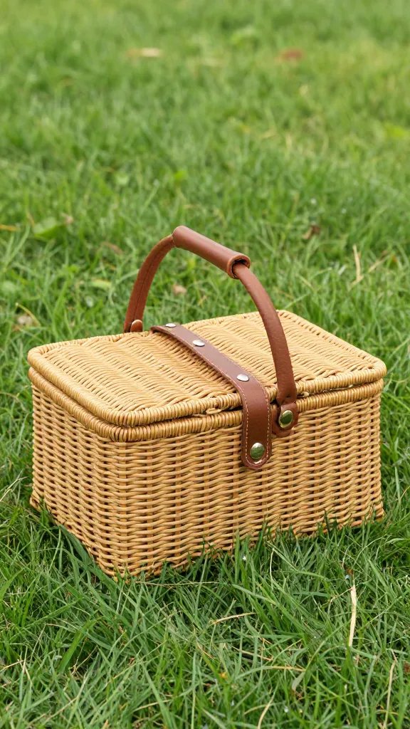 single woven picnic basket with leather strap, grass backdrop