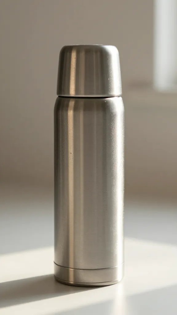 enamel thermos with condensation, soft morning light
