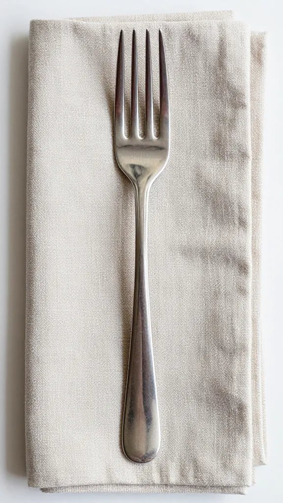 stainless steel travel fork on linen napkin, top-down