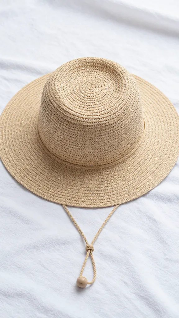 sunhat with simple chin cord, resting on blanket