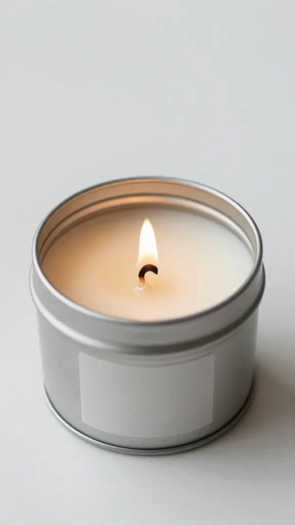 citronella candle tin, wick lit, shallow depth