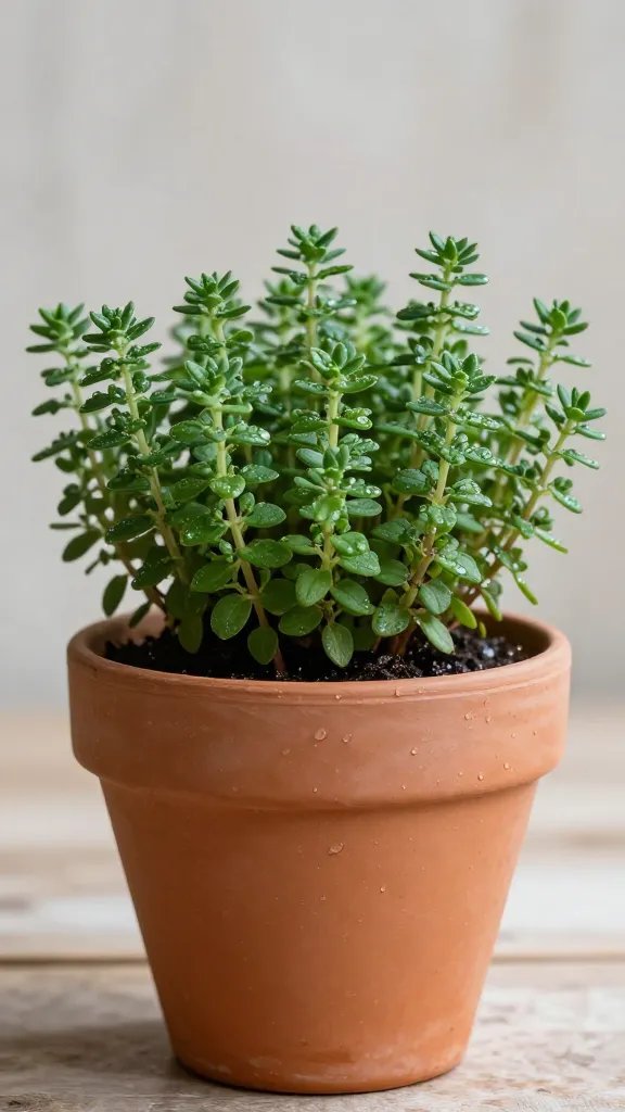 resilient potted thyme plant, terracotta pot, dewy leaves