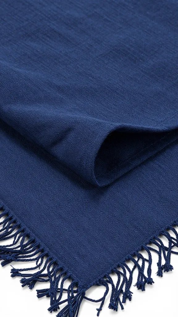 closeup navy linen picnic blanket with fringe