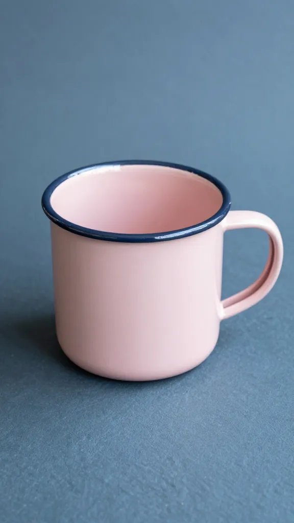 dusty blush enamel mug on slate-blue surface
