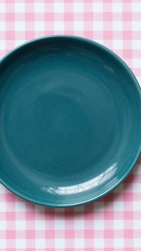midnight teal ceramic plate on pink gingham