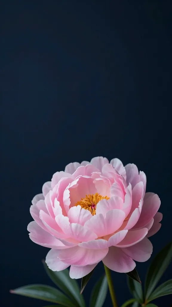 blush peony bloom against inky navy backdrop