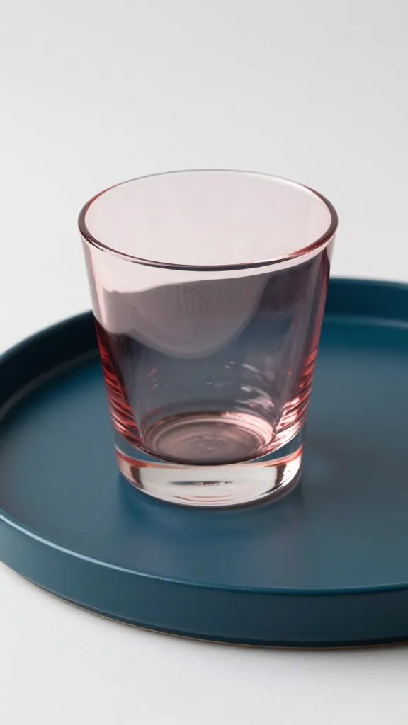 rose-colored glass tumbler on midnight teal tray