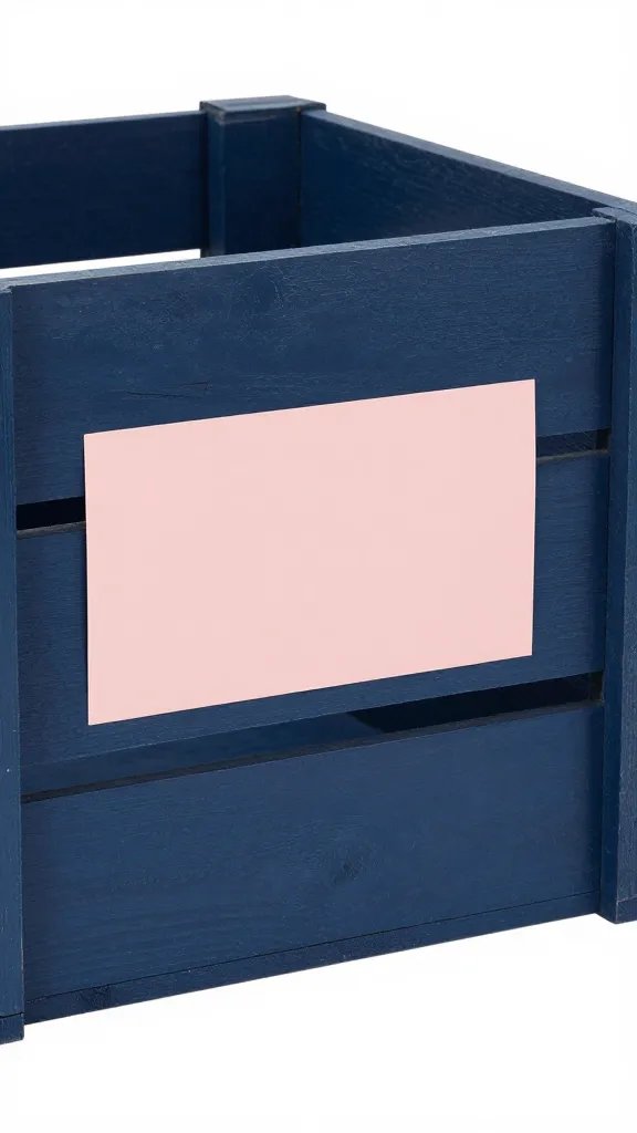 navy-washed wooden crate with blush label