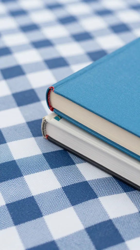closeup of anchored picnic blanket corner with stacked books