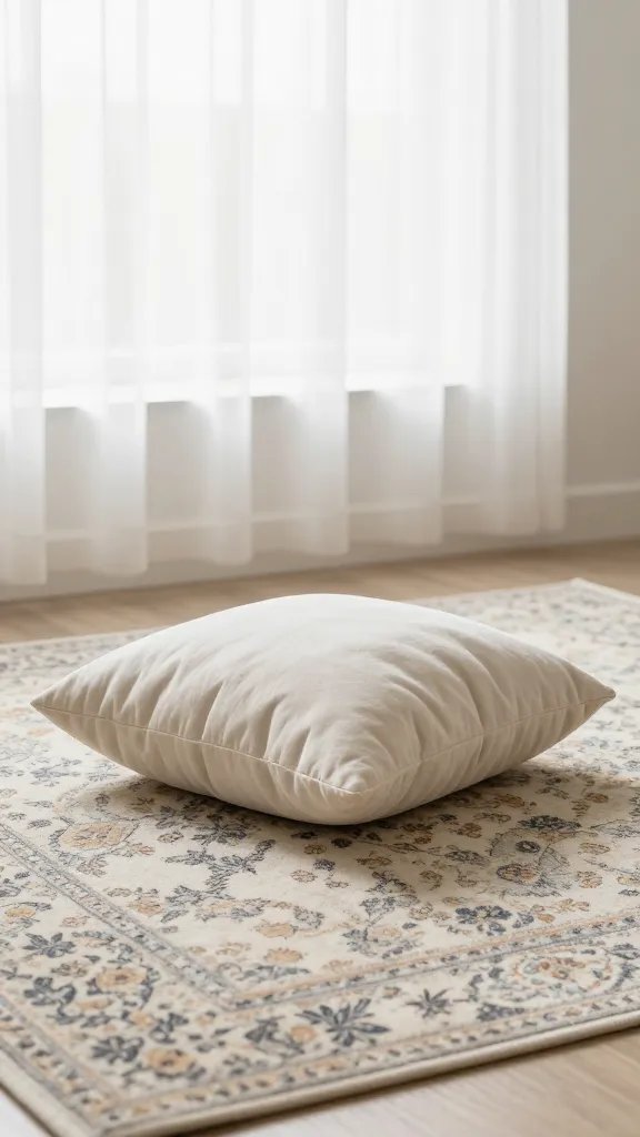 single low cushion on patterned rug, soft window light