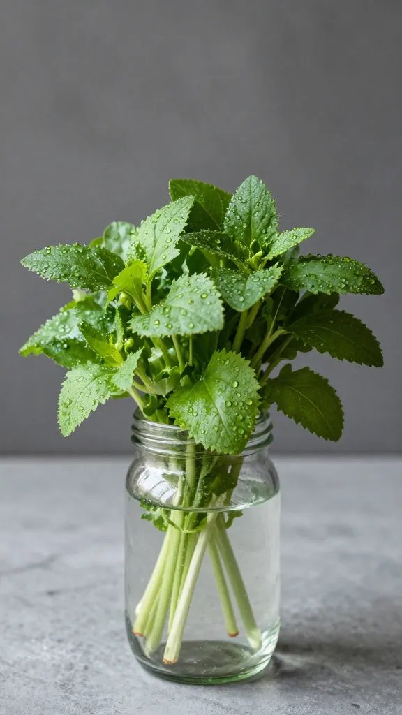 small indoor herb bundle in glass jar, dewy leaves