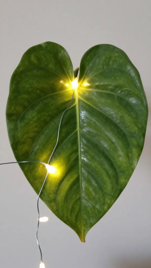 houseplant leaf lit by string lights, glossy texture