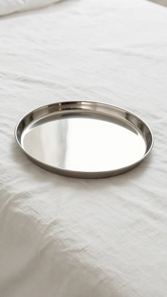 weighted serving tray on blanket edge, minimal styling