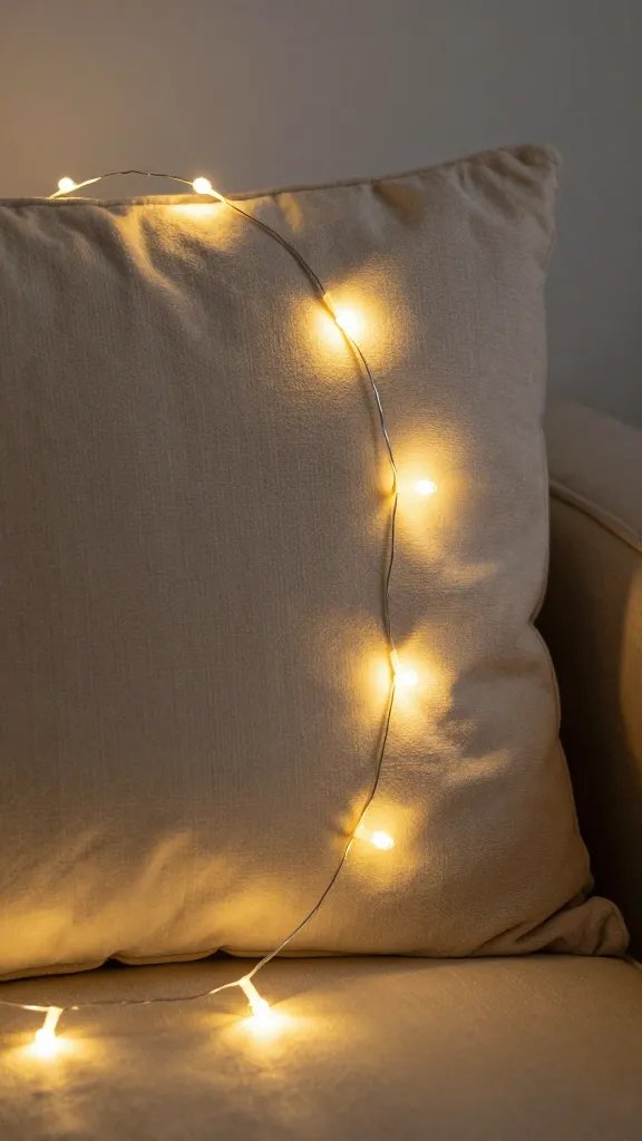 battery fairy light strand draped on cushion seam