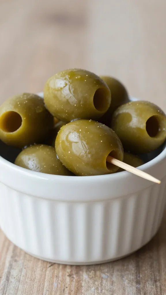 ceramic ramekin of olives, toothpick resting on rim