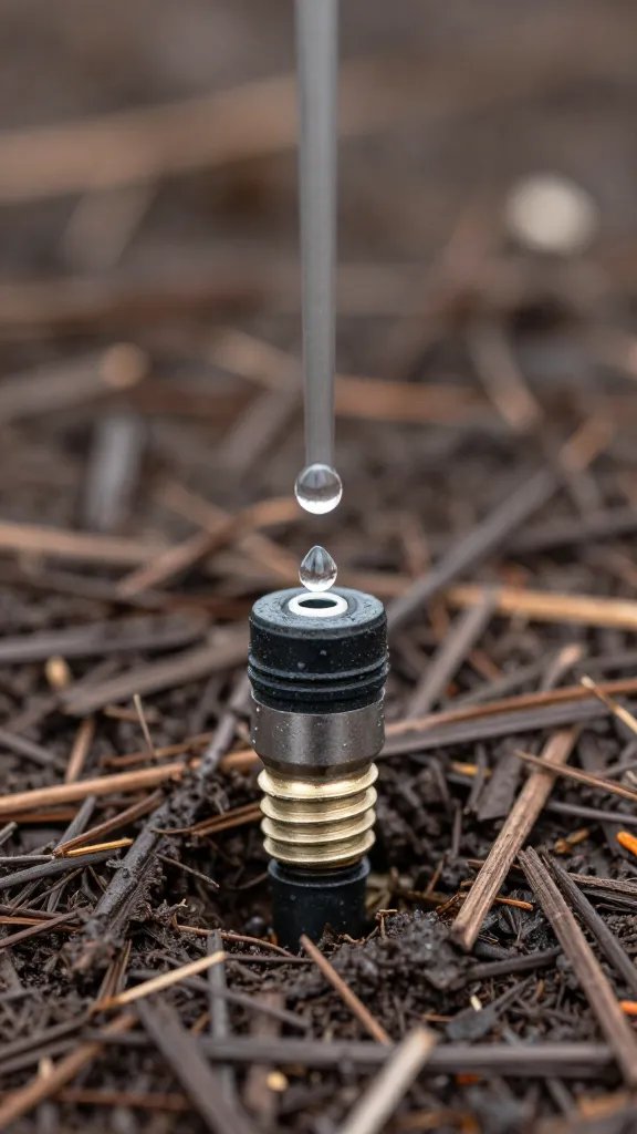 drip irrigation emitter on mulch, water droplet glistening