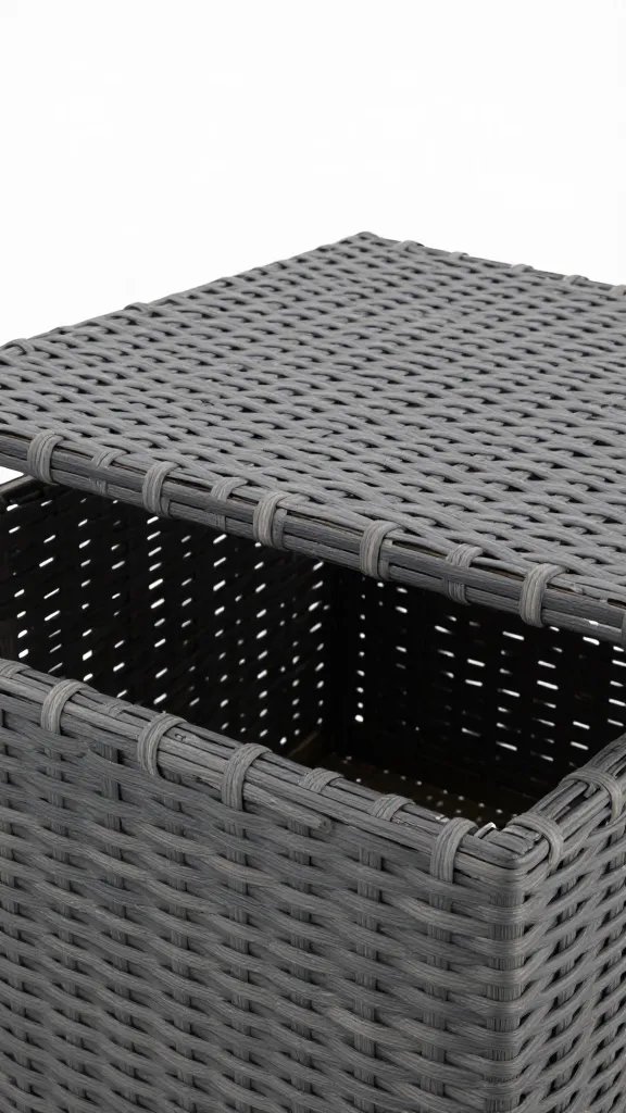 woven outdoor storage bench lid slightly open, clean lines