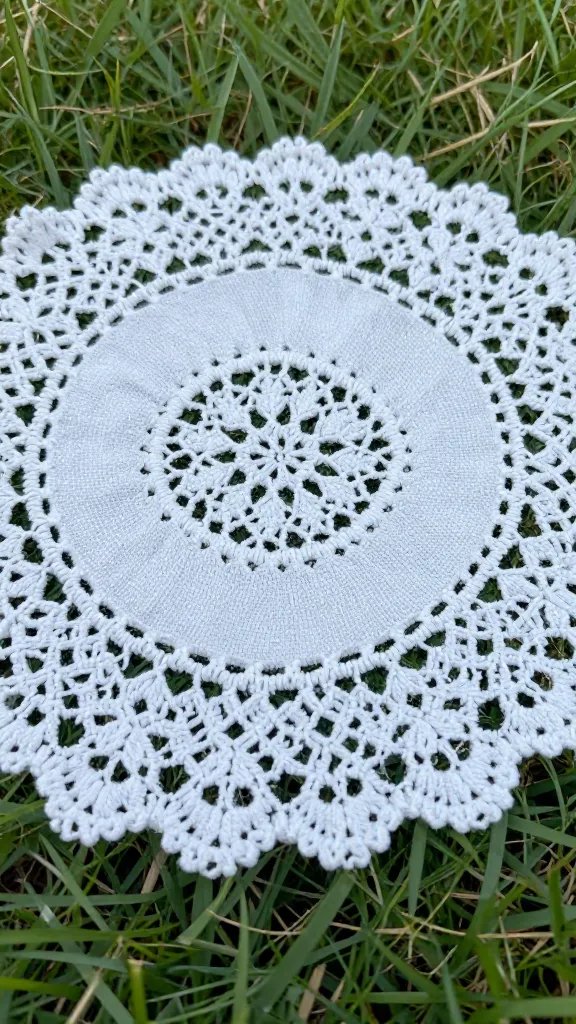 closeup cotton doily used as picnic coaster on grass