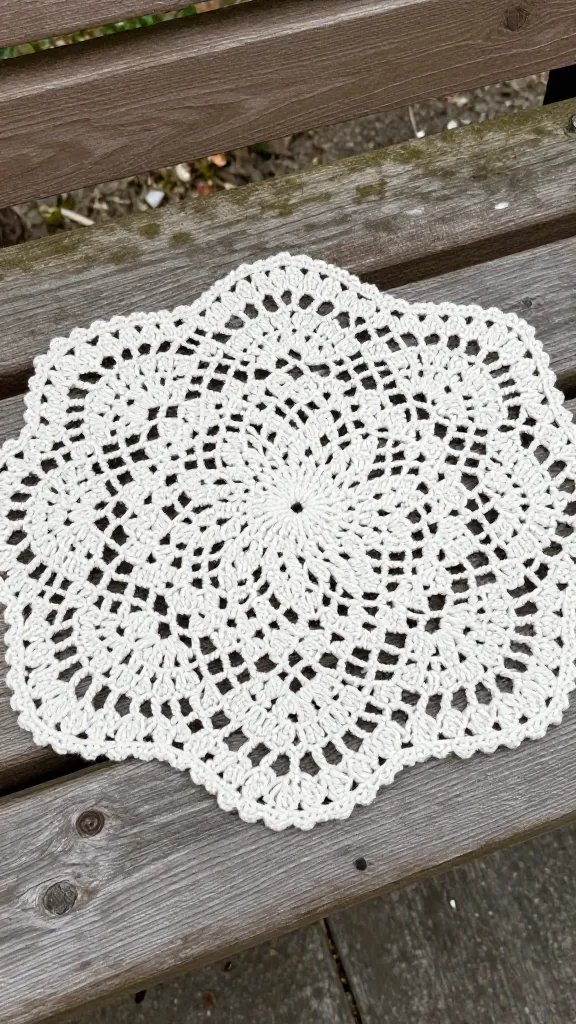 cotton crochet placemat on wooden park bench slat