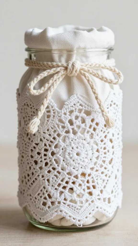 folded cotton doily tied around mason jar as sleeve