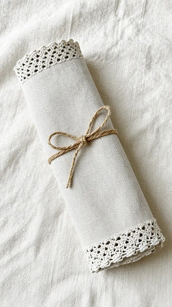 crochet-edged linen napkin rolled with twine on blanket