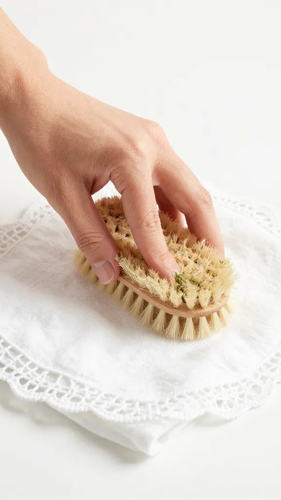 hand brushing grass off a white cotton doily