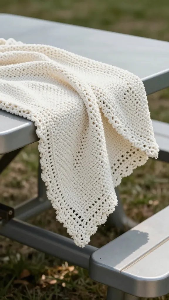 sunlit crochet throw corner softening metal picnic table edge