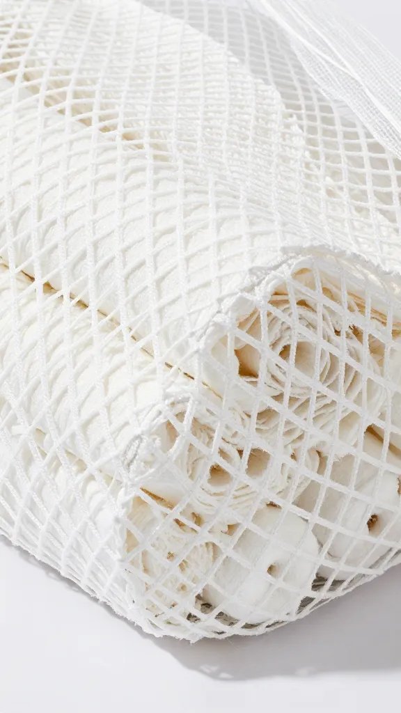 mesh laundry bag containing rolled cotton doily closeup