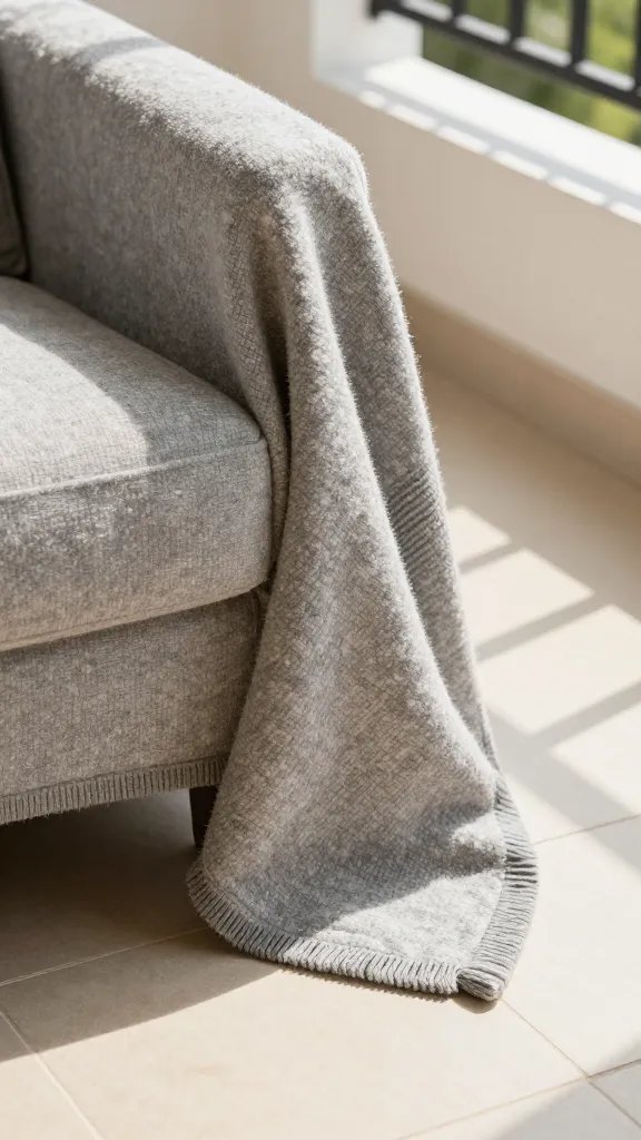 Wool picnic blanket corner on sunlit balcony tile