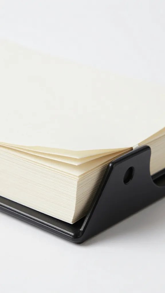 Closeup of weighted page holder on paperback
