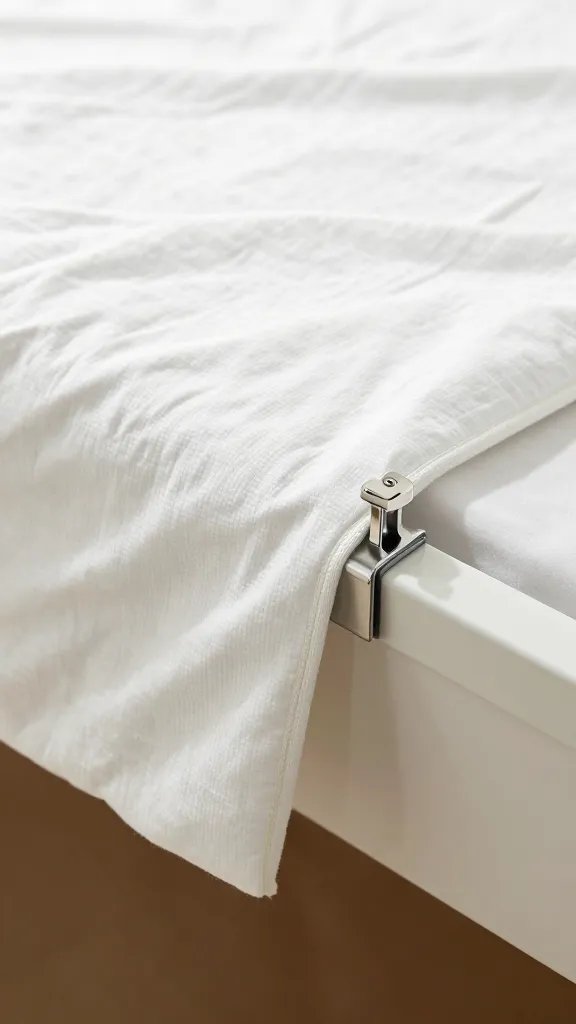 Small clamp securing blanket edge to railing