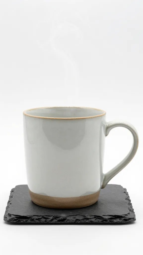 Ceramic mug with steam on slate coaster