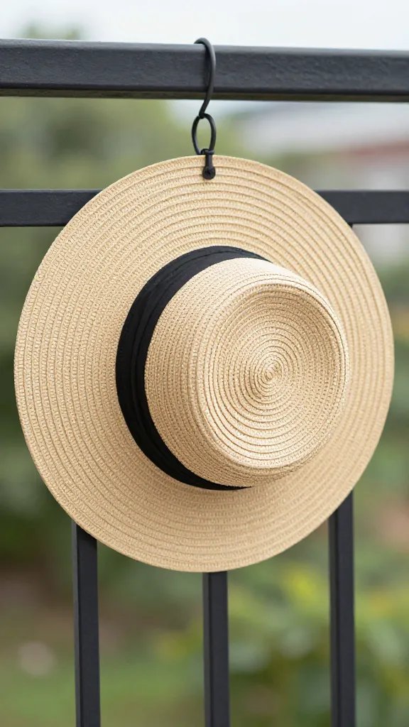 Straw sunhat hanging from balcony hook