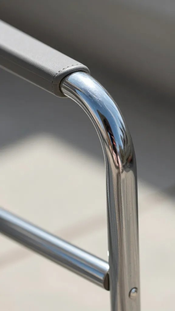 closeup of electroplated chrome outdoor chair armrest in sun