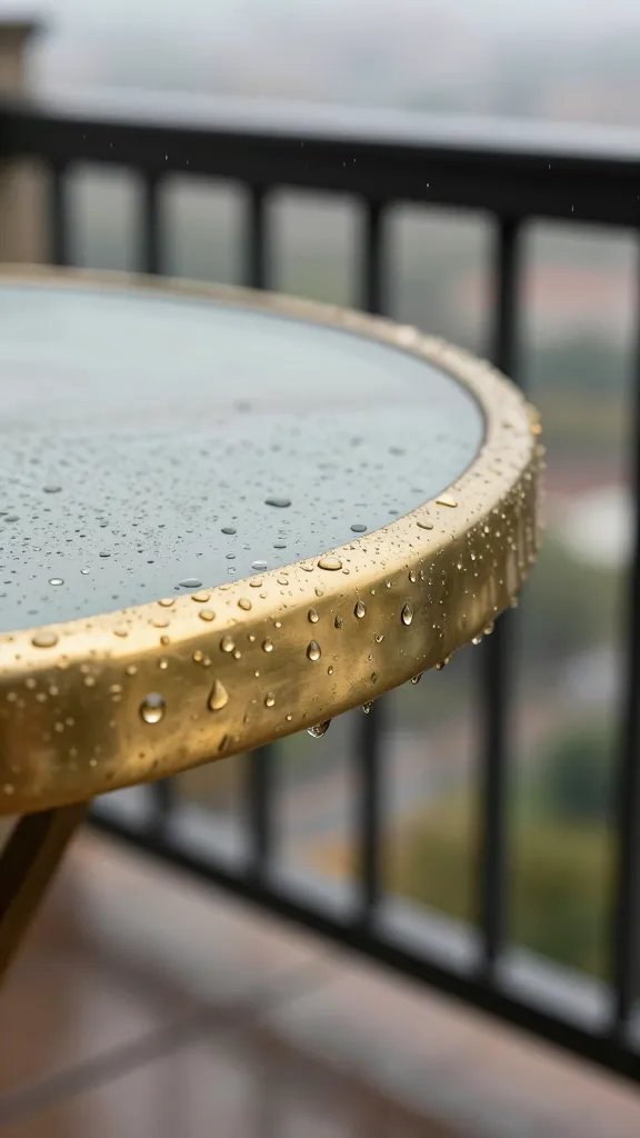 lacquered brass table edge with raindrops, balcony setting