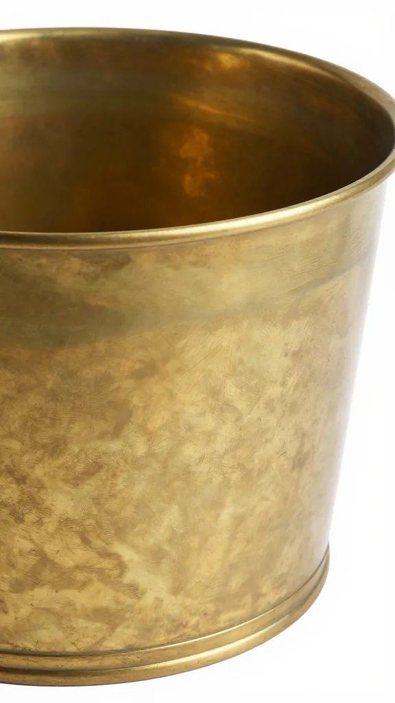 living brass planter rim showing soft patina, morning light