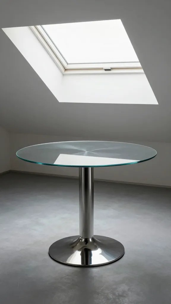 chrome bistro table pedestal reflecting skylight, tight crop