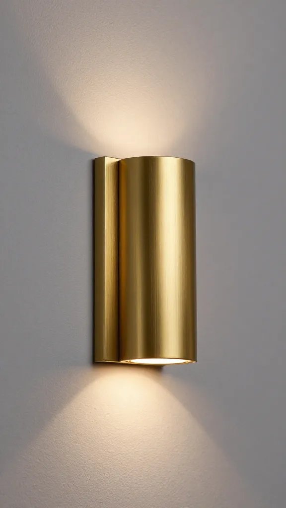 brushed brass wall sconce rated for outdoor, lit at dusk