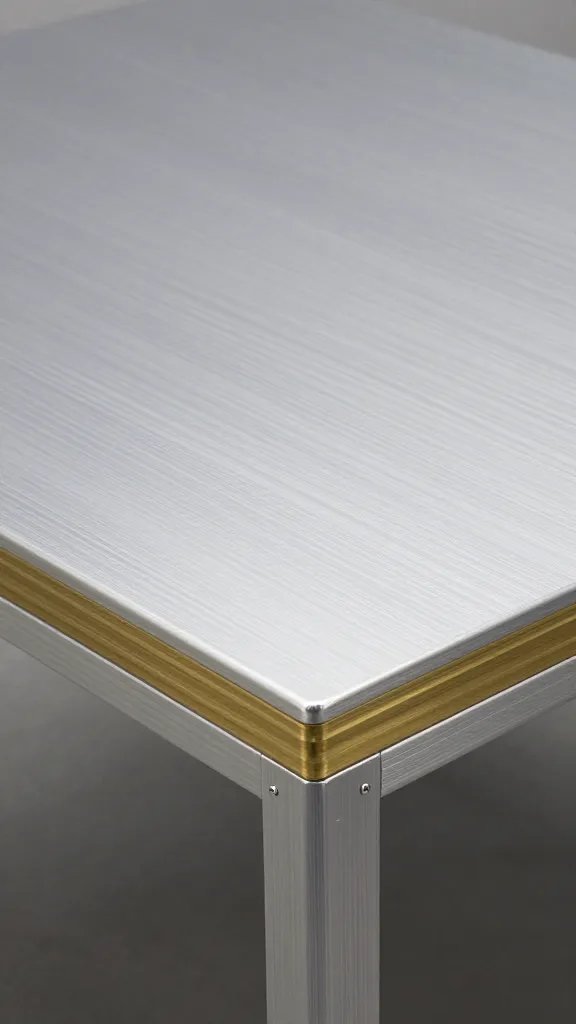 powder-coated aluminum tabletop with brass trim, close detail