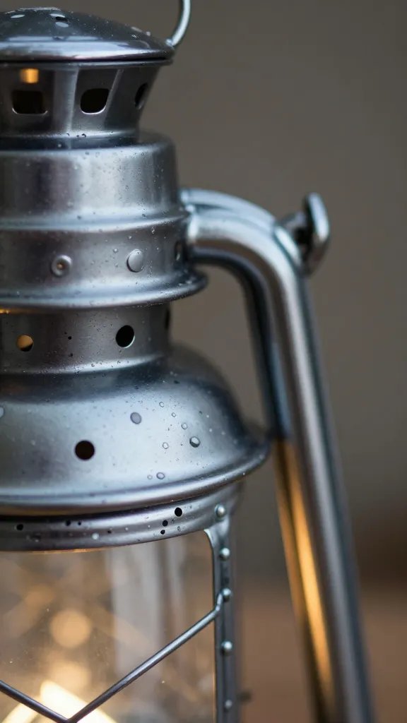 UV-rated chrome lantern handle catching highlights, macro shot