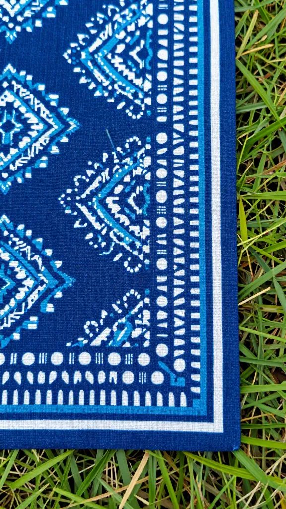 Closeup of indigo Adire cloth corner on grass