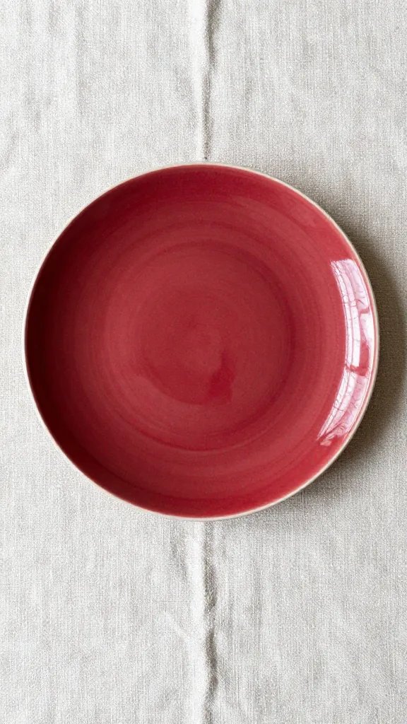Oxblood ceramic dinner plate on natural linen